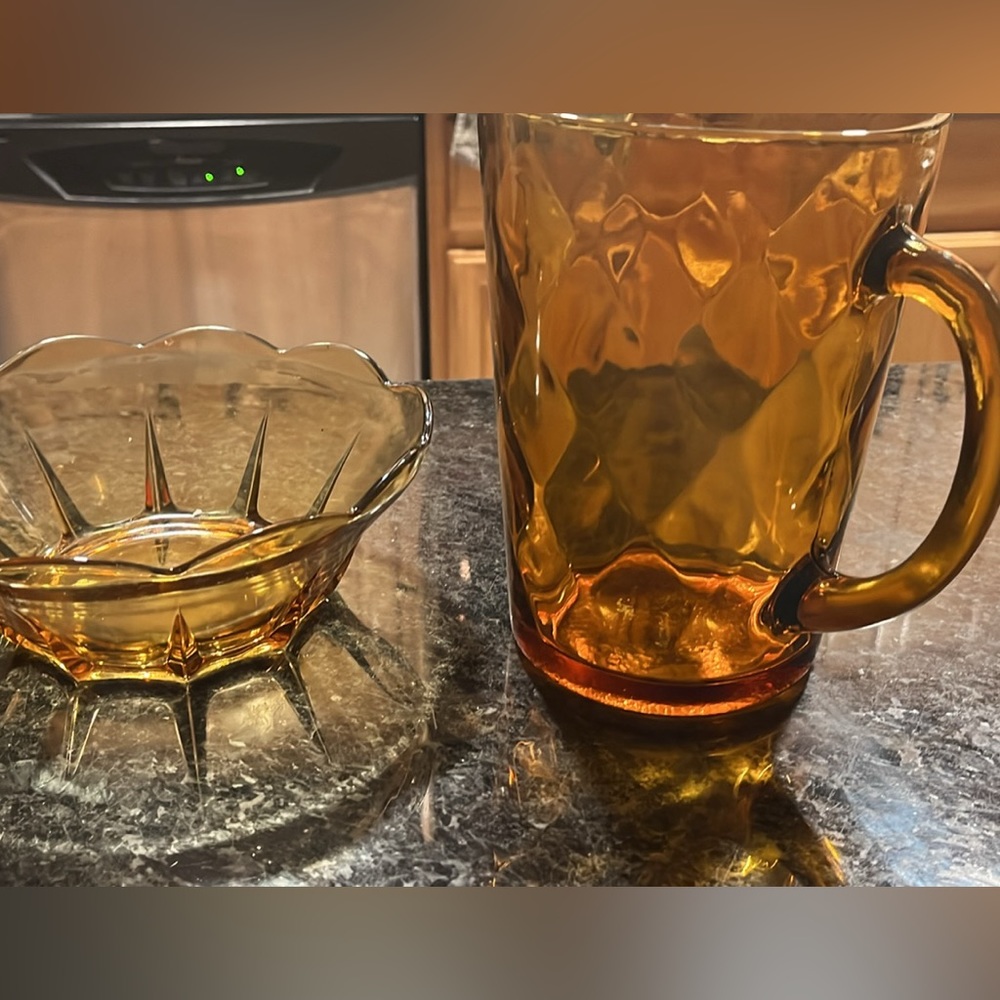 Vintage amber glass pitcher and bowl